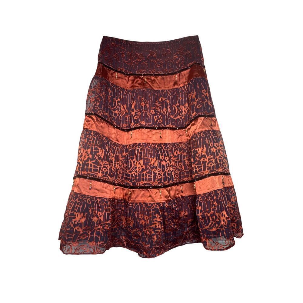 Ice Boho Brown Chiffon & Beaded Long Skirt Women’s Size Large Nylon Satin